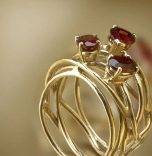 Geometric Hollow-out Red Stone Ring Creative Advanced Sense