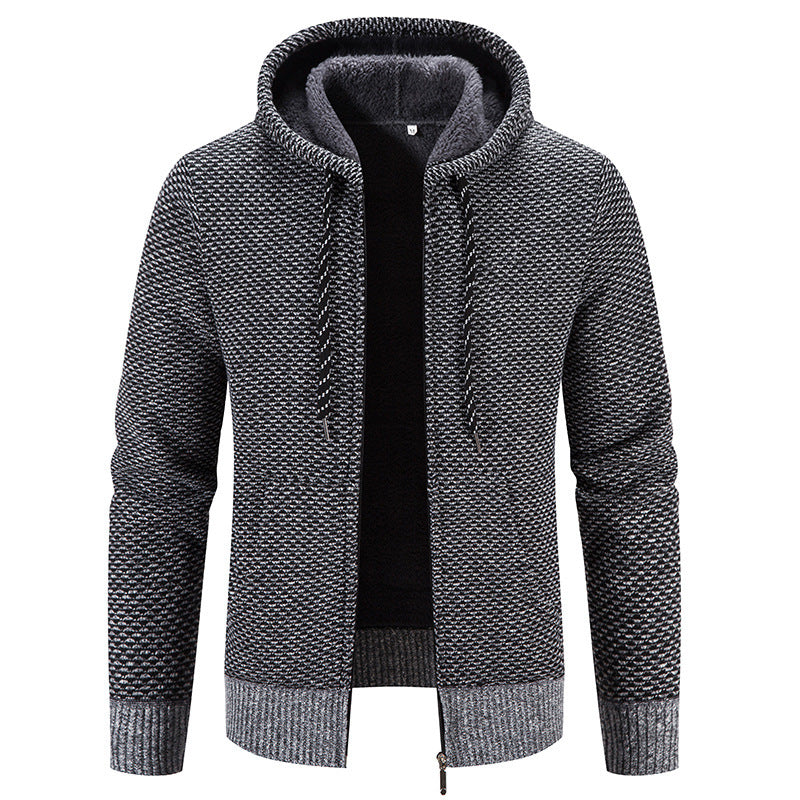 Herren Cardigan Mantel Fleece-gefütterte dicke Kapuze einfarbig Pullover