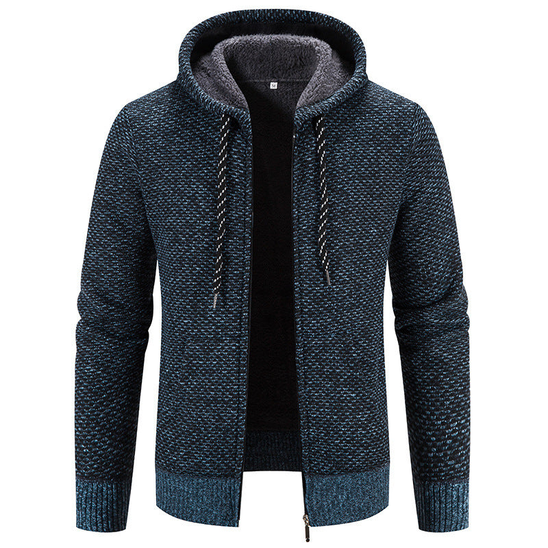 Herren Cardigan Mantel Fleece-gefütterte dicke Kapuze einfarbig Pullover