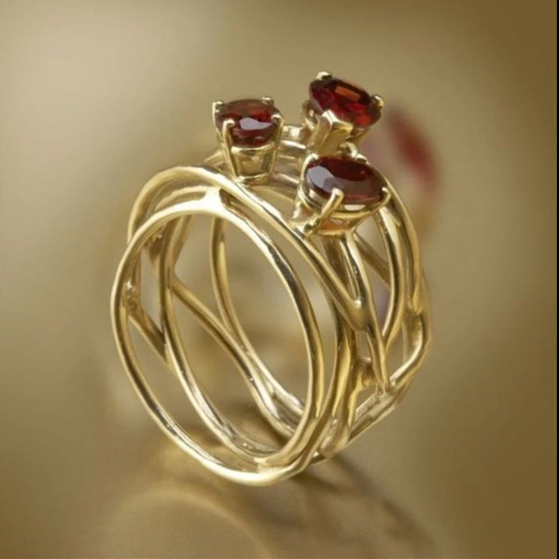 Geometric Hollow-out Red Stone Ring Creative Advanced Sense
