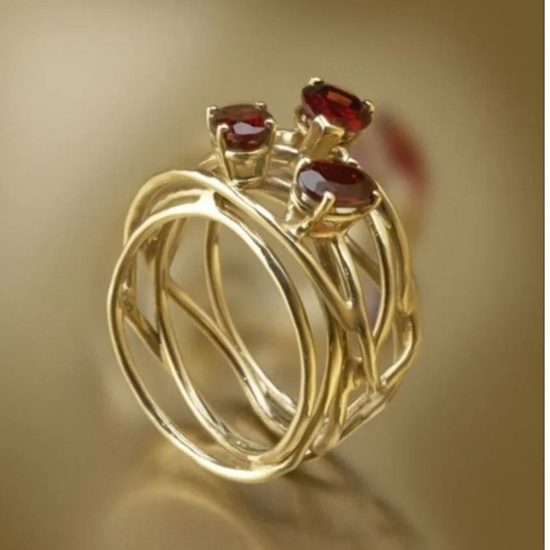 Geometric Hollow-out Red Stone Ring Creative Advanced Sense