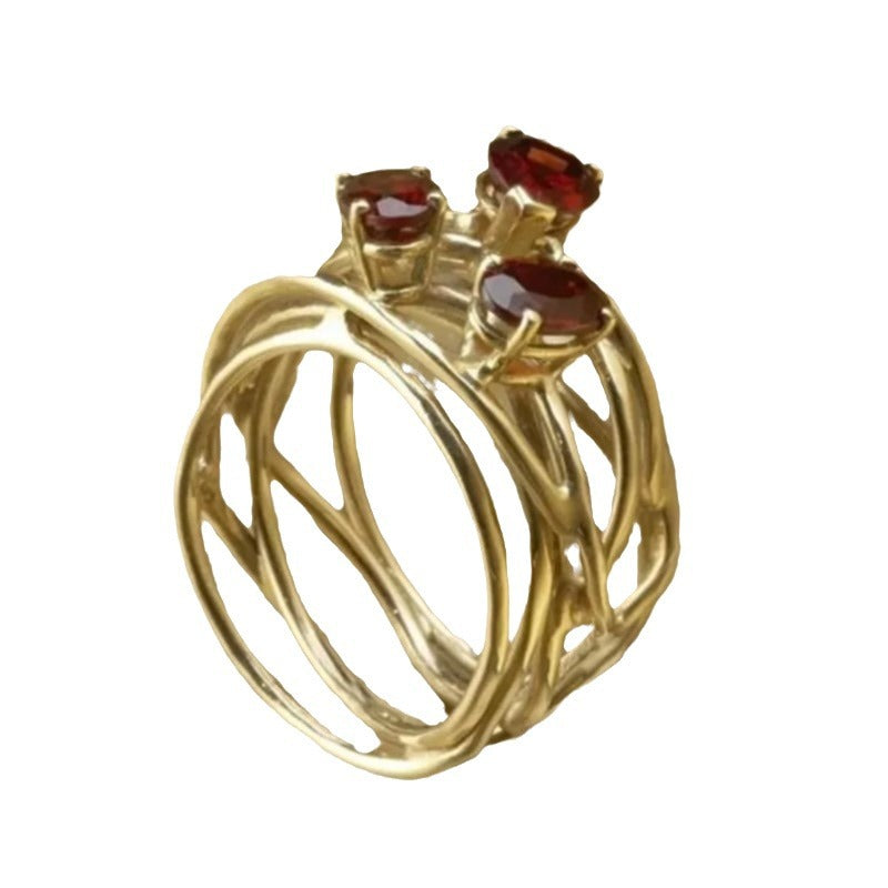 Geometric Hollow-out Red Stone Ring Creative Advanced Sense