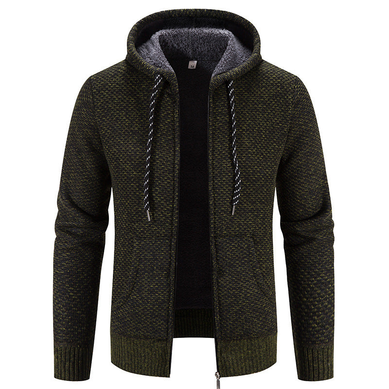 Herren Cardigan Mantel Fleece-gefütterte dicke Kapuze einfarbig Pullover