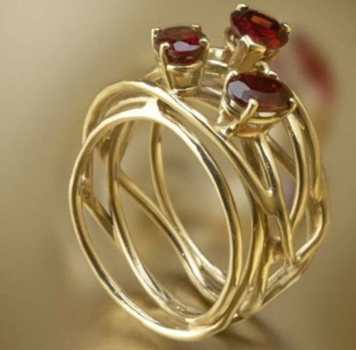 Geometric Hollow-out Red Stone Ring Creative Advanced Sense