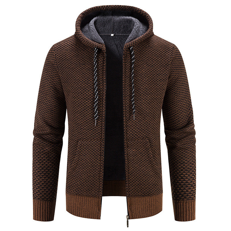 Herren Cardigan Mantel Fleece-gefütterte dicke Kapuze einfarbig Pullover