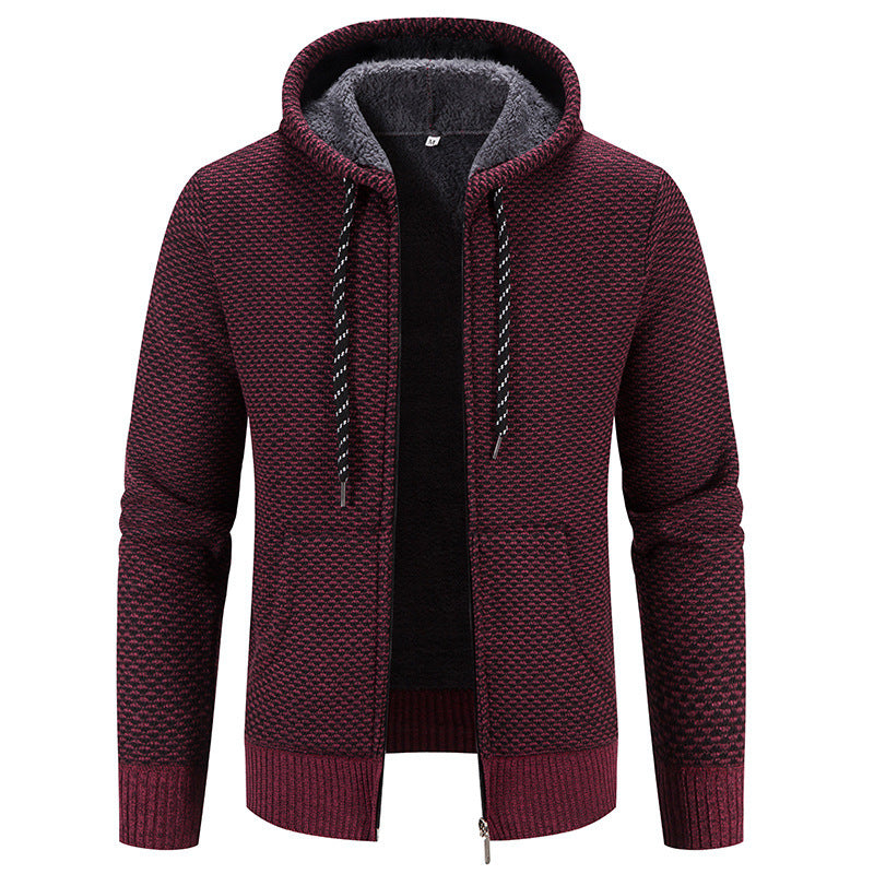 Herren Cardigan Mantel Fleece-gefütterte dicke Kapuze einfarbig Pullover