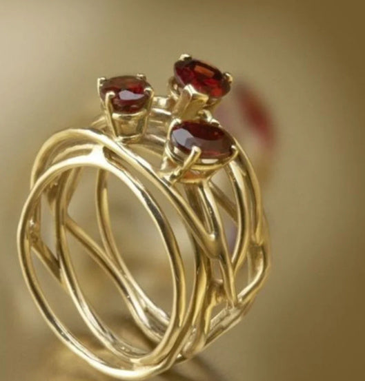 Geometric Hollow-out Red Stone Ring Creative Advanced Sense
